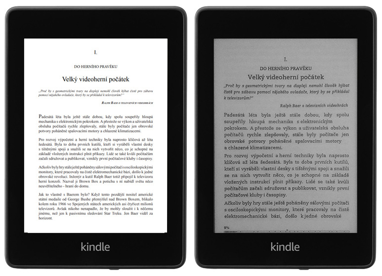 Ukázka sazby knihy v PDF vlevo
 a vpravo elektronické knihy v Mobi formátu pro čtečku Amazon Kindle